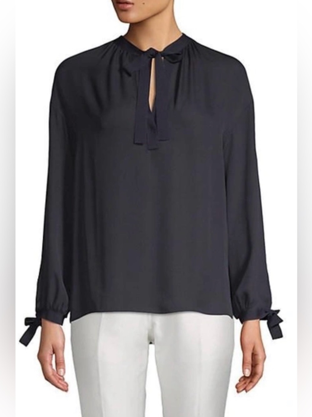 Vince. Silk Tie-Neck Long Sleeve Blouse M Medium Blue